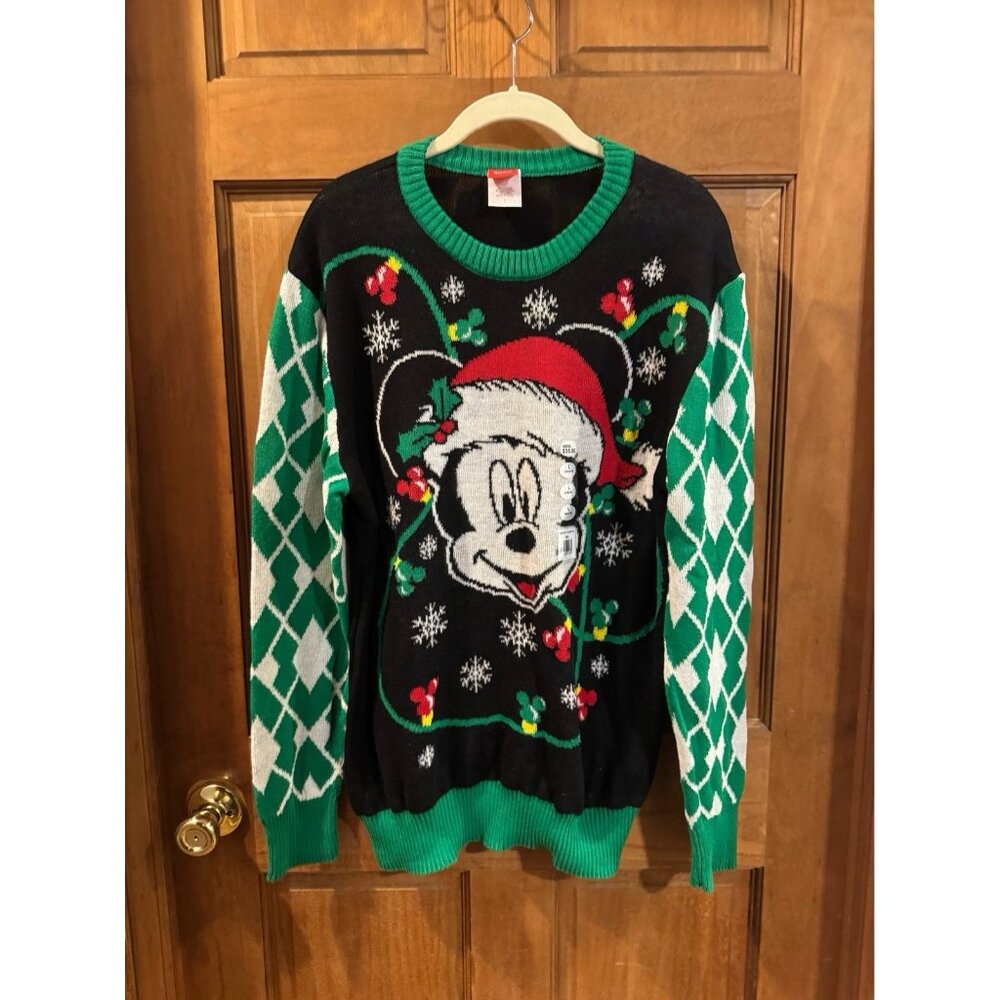 Mickey Mouse Mens Christmas Sweater Large Disney Lights NWT Black Green & White